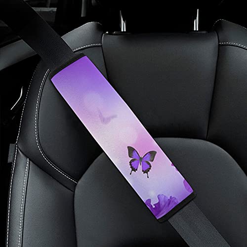 Bagea-Ka 2 Pack Car Seat Belt Pad Cover Butterfly on Purple Flowers Pattern for Adults Kids, Universal Soft Safety Belt Shoulder Strap Cushion Protector for Backpack Bag Straps Cover