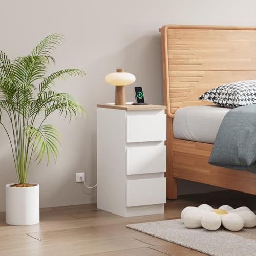 Ansley&HosHo Bedside Table with 3 Storage Drawers, Slim Nightstand Cabinet with Charger Station for Bedroom, Small Living Room End Table Side Table with Power Outlets and USB Ports (Matt White)