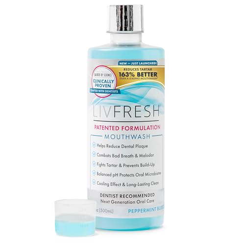 LIVFRESH Mouthwash, Clinically Proven, 163% Better Tartar Control, 114% Better Gum Health, 72% Better Plaque Reduction, 38% Better at Eliminating Bad Breath, Peppermint Burst, 16.9 fl oz