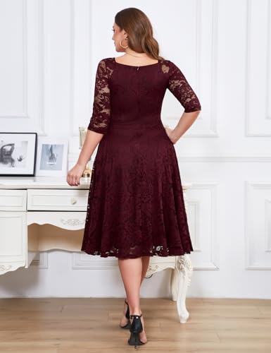 Image of Dressystar Womens Long-Sleeve Wedding Guest Dress A-Line Lace Formal Party Cocktail Midi Dress Prom Gown