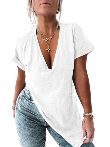 Tankaneo Womens Deep V Neck Short Sleeve T Shirts Summer Oversized Tshirts Casual Loose Fit Tunic Tops White