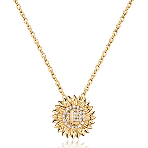 Dainty Sunflower Necklace Sunflower Gifts, CZ Initial L Sunflower Necklace for Women Letter Necklaces for Teen Girls Jewelry Sunflower Gifts for Women 14K Gold Initial Necklaces Sunflower Jewelry