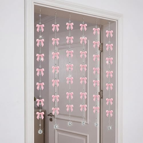 Novabright 6 Pcs 3.3 ft Pink Bow Garland Decorations Hanging Crystal Beaded Curtain Birthday Doorway Acrylic Diamond Banners Baby Shower Decor for Wedding Bachelorette Bridal Shower Party