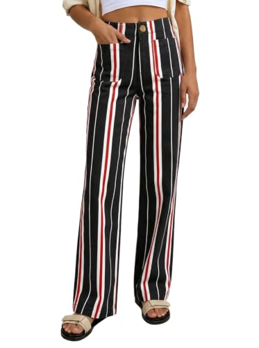 Tankaneo Womens High Waisted Striped Jeans Color Block Stretchy Straight Leg Baggy Y2k Trendy Casual Cotton Denim Pants Black
