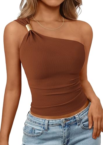 PRETTYGARDEN Women's Asymmetrical One Shoulder Y2K Tops, Coffee,XXL