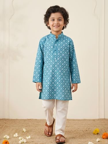 Image of AJ DEZINES Boys Cotton Full Sleeve Printed Kurta Pajama Set for Kids - Ethnic wear | Special Occasion & Traditional Outfit |Boys Kurta Pyjama Set - Regular Fit