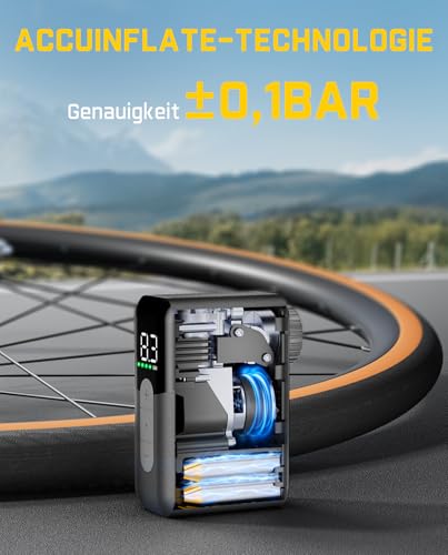 Fanttik X10 Ace Mini akku Fahrradpumpe mit Manometer, 8,3 Bar elektrische Fahrradpumpe mit Presta- und Schrader-Ventil, Auto-Stopp, schnelles Aufpumpen für Rennrad, Mountainbike, Motocross und E-Bike