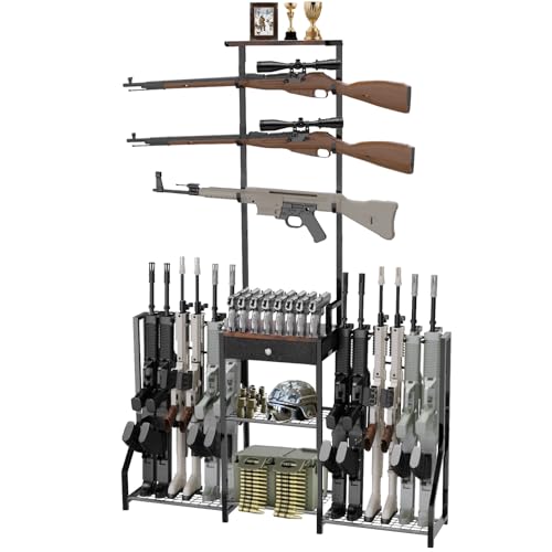 Indoor Gun Racks, Floor Rifle Rack with Pistol Holder, Heavy Duty Steel Shotgun Rack for Wall Mount, Horizontal & Vertical Display, Holds 15 Rifles & 8 Handguns, for Hunting and Tactical Accessories