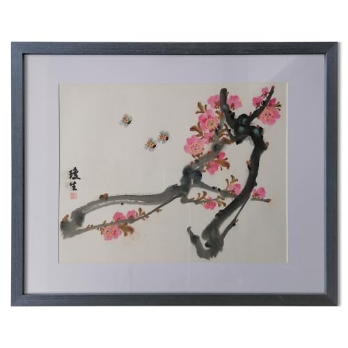 Tableau fait main prêt à accrocher peinture chinoise de pêche cadeau idéal
