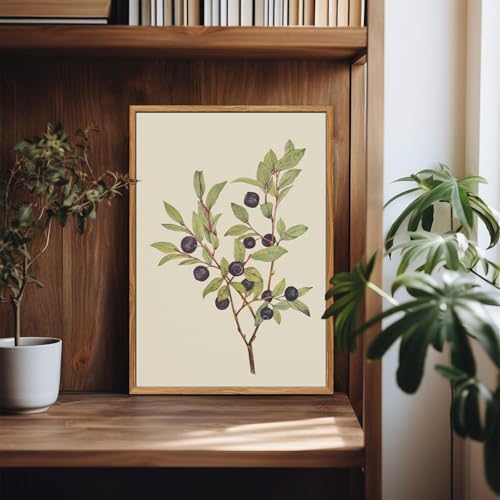 crmotu Vintage Framed Wall Art, Minimalist Blueberry Botanical Prints, Nature Plant Watercolor Canvas Pictures, Branch Leaf Rustic Home Wall Decor Living Room Bedroom Bathroom Paintings, 16x24 inch