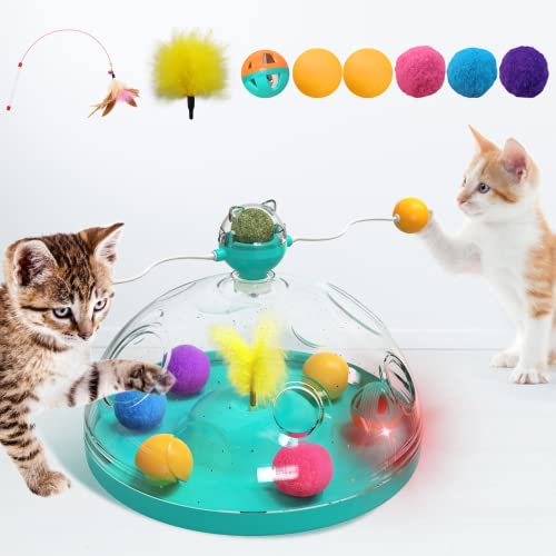 Petilala Interactive Cat Toys For Indoor Cats,5In1 Cat Toy With Rotating Track Ball&Feather&Catnip Ball&Glowing Ball For Small Large Cat Kitten Stimulating Brain Development Exercises Cat Gift -Green #TOP25