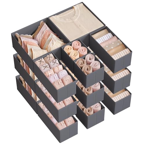 SONGMICS Organizadores Cajones, Separadores de Cajones, Juego de 18, Cajas Almacenaje de Tela Plegables para Calcetines, Ropa Interior, Sostenes, Corbatas, Bufandas, Gris Piazarra RDZ006G04