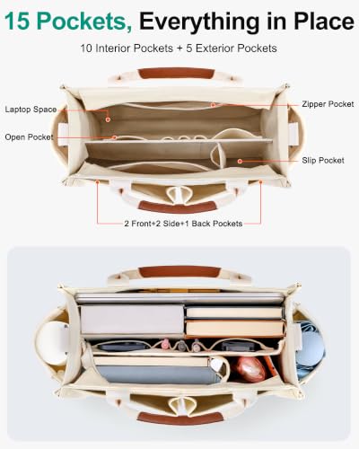 Image of FIORETTO Womens Canvas Tote Bag Purse with Individual Compartment, Zipper Top, Reinforced Bottom & Luggage Sleeve