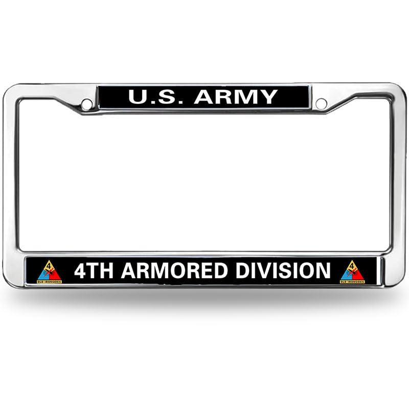 Image of US Army 4TH Armored Division Metal License Plate Frame Chrome Veteran US Army Chrome License Plate Frame Tag Universal