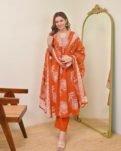 Image of Klosia Women Printed A-Line Kurta and Pant Set with Dupatta | Printed Kurta Set | A-Line Kurta Set | Women Kurta Sets | Summer Suit |