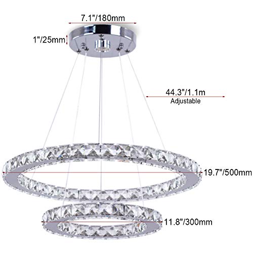 Finktonglan Modern Crystal Chandelier LED 19.7 x 11.8 inches Ceiling Pendant Light 2 Rings Adjustable Stainless Steel Lighting Fixtures Dining Room Living Room (Cool White)
