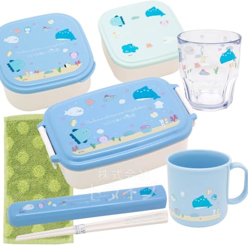 オーエスケー ハーフタオル付 つぶらな瞳の水族館 ５点セット 角型お弁当箱 500ml 箸＆箸箱 タンブラー シール容器2P コップのサムネイル
