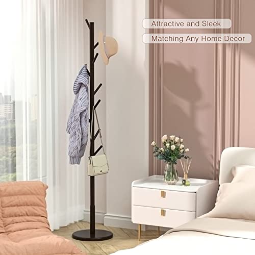 Wooden Coat Rack Freestanding Coat Tree With 4 Height Options And 9 Hooks, Sturdy Coat Rack Stand For Clothes/Bags/Hats,Easy Assemble Save Space For Entryway,Bedroom,Office,Narrow Place-Coffee #TOP5