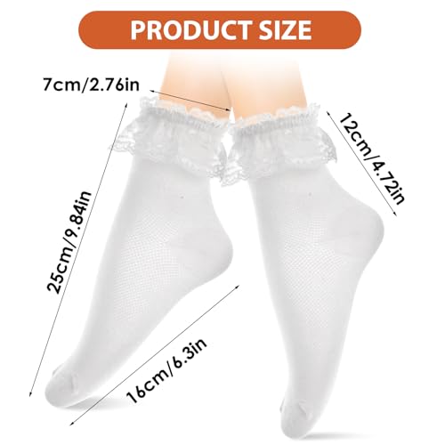 2 Pairs Lace Frilly Ankle Socks for Women, Soft Cotton Ruffle Ankle Socks, Cute White Princess Dress Sock for Girls2