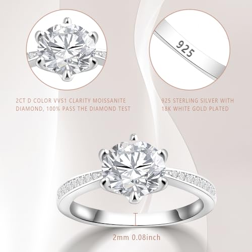 Moissanite Engagement Ring for Women, 925 Sterling Silver Wedding Ring Moissanite 2CT Round D Color VVS1 Promise Wedding Band Ring2