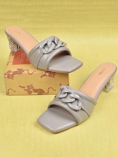 Image of Women's Slip On-On Heeled Sandals with Transparent Block Heels & Decorative Chain Strap Signora103| Fashionable Summer Slides Trendy Chain Strap Signora103