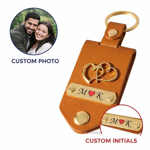 Image of Personalized Photo Leather Keychain with Custom Name Engraving | Photo Keychain Customized | Car Key Chain Customised | Customized Key Chain for Bike | Gift for Men, Women & Couples