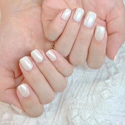 Short Square Press on Nails White Full Cover Fake Nails with Glitter Designs Glue on Nails Glossy False Nails Cute Acrylic Nails Press ons Artificial Stick on Nails for Women 24Pcs