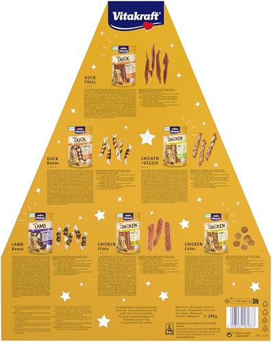 Vitakraft Adventskalender für Hunde, 2025, liebevoll zusammengestellte Auswahl leckerer Snacks, für die Vorweihnachtszeit, Hundeleckerlis, für alle Altersstufen (1x 244g)