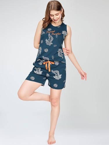Image of ZEYO Night Suit for Women's Floral & Cheetah Printed Cotton Night Dress of Top and Short's Set 5737