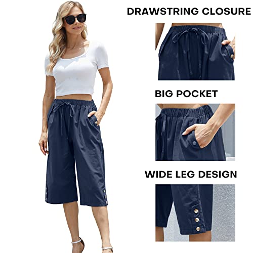 Women's Casual Cotton Pants Elastic Drawstring Capri Trousers Lightweight High Waisted Wide Leg Baggy Slacks2