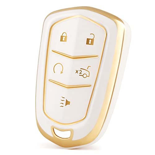 HelloAuto Key Fob Cover for Cadillac, Soft TPU Key Fob Cover Case for Cadillac ATS cts xts SRX Escalade Protection Shell Accessories 5-Buttons (White) FCC ID: HYQ2AB HYQ2EB