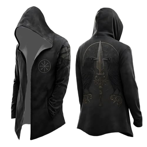 Image of Generisch Viking Hoodie Men's Medium Length Spring Autumn Cardigan Cosplay Costume with Hood 3D Printed Cool Coat Biker Jacket Sweatshirt Sweat Jacket Leisure Jacket Motorcycle Jacket, P Black, L