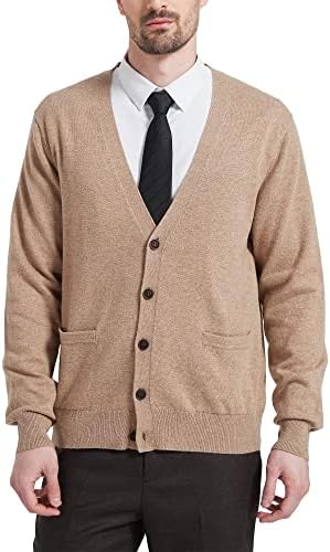 Kallspin Men's Cardigan Sweater Cashmere Wool Blend V Neck Buttons Cardigan with Pockets(Coffee, X-Large)