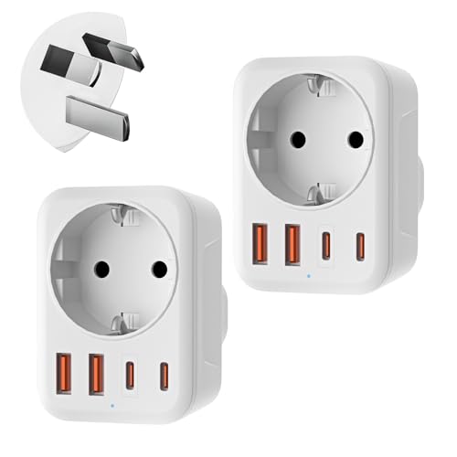 Denlane Adapter Australien 2 Pack, 5 in 1 Reiseadapter Australien mit 1 AC & 2 USB-C & 2 USB-A(3.4A), Adapter China Neuseeland Deutschland Stecker, Adapter Argentinien Fidschi, Reisestecker Typ I