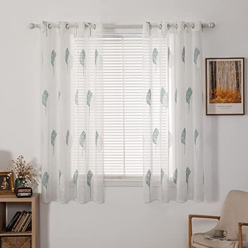 MIULEE Kurz Gardinen mit Türkis und Weiss Blätter Muster 2er Set 140x145cm | Modern Stickerei Wohnzimmer Vorhänge Transparent mit ösen für Schlafzimmer Deko, Schöne Blätter Muster