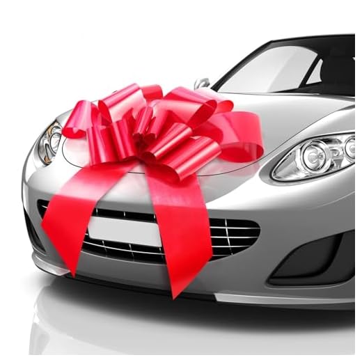 Mata1 Giant Car Bow (Red, 30 inch) Big Gift Wrapping Bow for Large Gift Decoration, Giant Indoor/Outdoor Bow with 2 Ribbon Tails and 2 Suction Cups (No Magnets That Scratch)