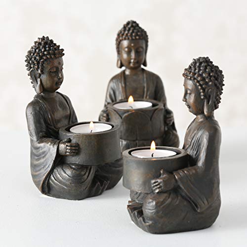 Whw Whole House Worlds Global Chic Museum Quality Baby Buddha Tea Light Holders, Set Of 3, Antiqued Patina Made Of Cast Poly Resin, 5 Tall X 3.5 Wide Inches #TOP5