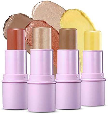 LUXAZA 4Pcs Contour Stick Makeup Set, Highlighter & Cream Bronzer & Blush & Moisturizer Pen, Illuminator Highlighting Makeup For Face Brightens & Shades Pencil, Non-greasy Long Lasting Shades Pencil #01 Peach Set