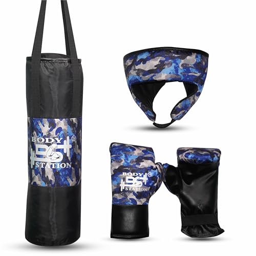Image of Kids Champ Junior Punching Set | 1 Punching Bag, 1 Head Guard, 2 Gloves | Boxing Training Punching Bag & Gloves for Boys & Girls | for 3 to 10 Years Kids (Set of 4) (Blue Camo)