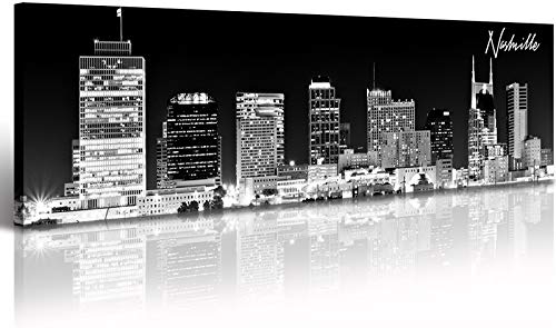 Image of Nashville Skyline Wall Art Panoramic City Landscape Picture 13.8 inchX47.3 inch | Canvas Modern Artwork Black and White Painting for Living Room Bedroom Decor Skyscraper Poster Giclee Print Home Decorations