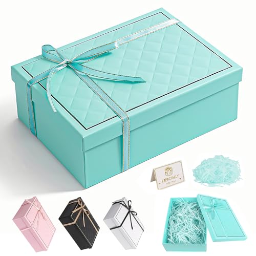 Geschenkbox mit Deckel, 25x18x8.5cm Falt Geschenke Box mit Schleifen, Raffia, Grußkarten - Set, Geschenkbox Geburtstag für Valentinstag Geburtstage Weihnachten Hochzeit (Blau)