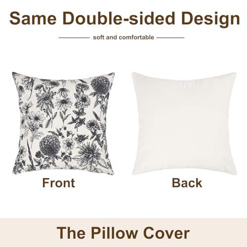 Pyonic Black Vintage Floral Pillow Covers 18x18 inch Spring Block Print Flower Pillowcase Neutral French Farmhouse Cushion Covers for Sofa Couch Bedroom Living Room Outdoor Decor — view 4