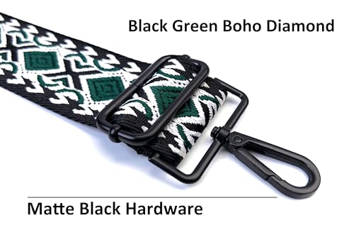 Image of Black Green Boho Diamond Purse Strap with Matte Black Hardware 2 Inch Wide Replacement Crossbody Guitar Style Shoulder Strap for Handbags Totes