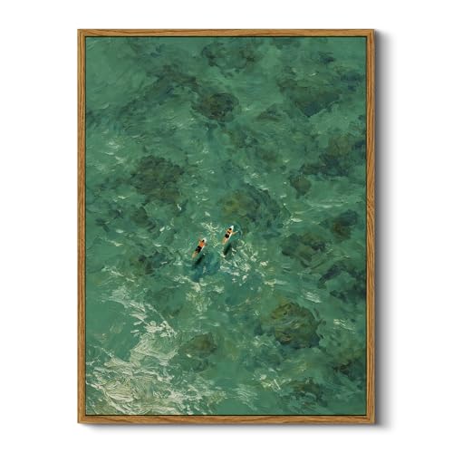 HUARCEY Framed Modern Summer Coastal Ocean Water Wall Art Canvas 12''x16'', Aerial Emerald Green Sea Print Swimming, Minimalist Abstract Beach Home Decor for Living Room Bathroom Hallway