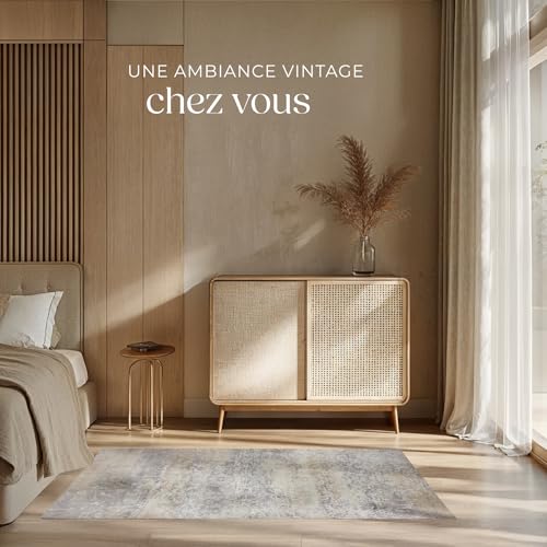 Tapis design vintage à poils courts en laine synthétique et feutre résistant et lavable - vue 4