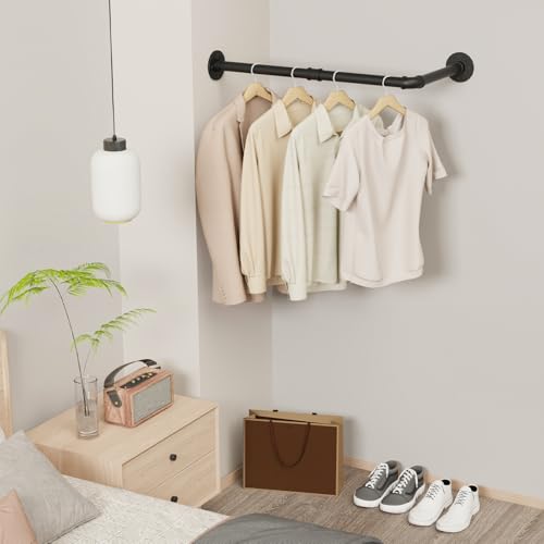 YheenLf Garderobenstange L Form, Industrial Kleiderstange Wandmontage, Vintage Kleiderständer Kleiderschrank, Garderobenständer für Bad Flur Küche, DIY (B60 x T30cm), Schwarz