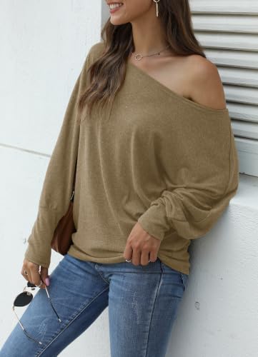Image of Aifer Women's Off The Shoulder Tops Sexy Long Sleeve Shirts Oversized Fashion Casual Batwing Sweaters Pullover Tunic Tops