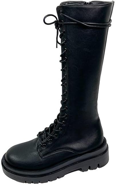 Knee High Boots for Women Fashion Round Toe Platform Wide Calf Boots Soft Comfy Lining Lace Up Combat Shoes with Zipper