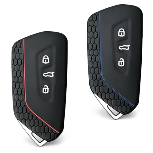 2 Stück Autoschlüssel Hülle für VW Auto Schlüssel Hülle Kompatibel mit VW Golf 8 Skoda SEAT Cupra TPU 3 Tasten Schutzhülle Silikon Schlüsselhülle Cover (Schwarz Blau Schwarz Rot)
