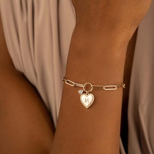 MYEARS Charm Bracelet for Women Gold Initial Halo Heart with Triangle Cubic Zirconia 14K Simple Dainty Paperclip Link Chain Alphabet Personalized Jewelry Gift2